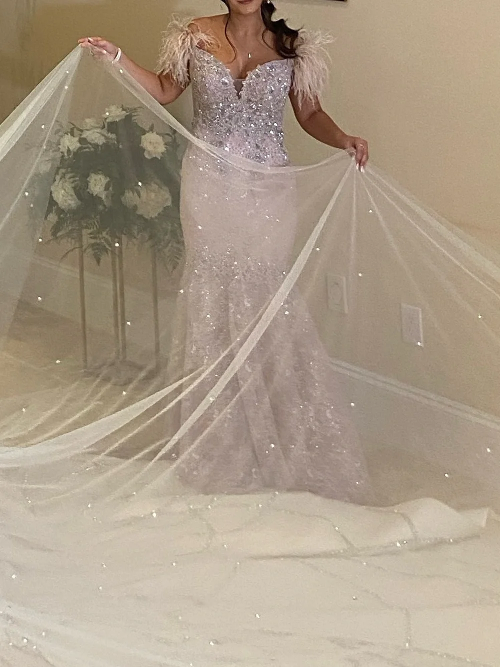 Mac Duggal Sparkling Light Pink Beaded Evening Gown with Feathered Shoulders